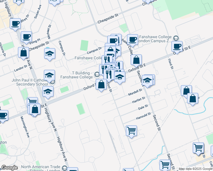 map of restaurants, bars, coffee shops, grocery stores, and more near 625 First Street in London
