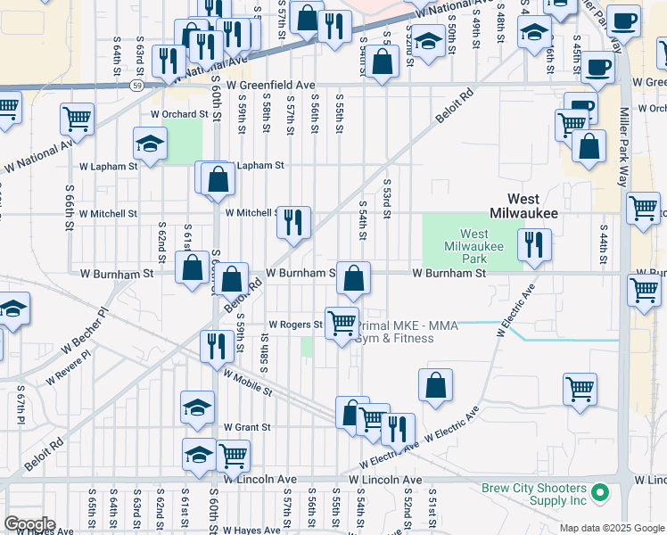 map of restaurants, bars, coffee shops, grocery stores, and more near 5502 West Burnham Street in West Milwaukee
