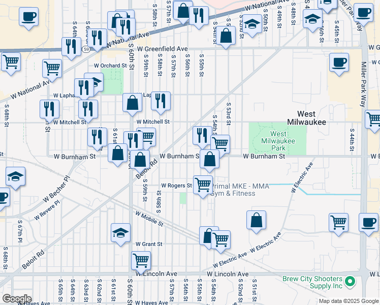 map of restaurants, bars, coffee shops, grocery stores, and more near 5532 West Burnham Street in West Allis