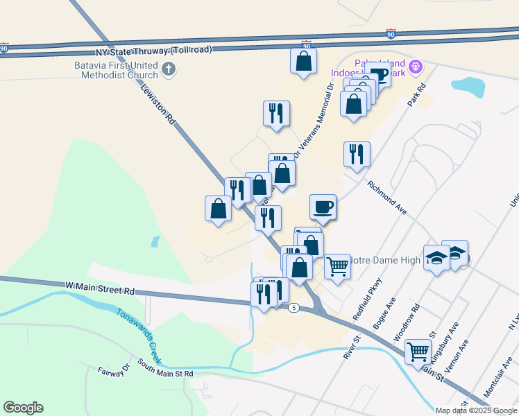 map of restaurants, bars, coffee shops, grocery stores, and more near 4170 Veterans Memorial Drive in Batavia