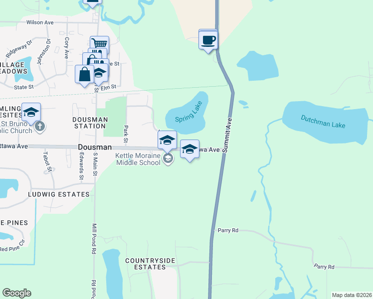 map of restaurants, bars, coffee shops, grocery stores, and more near 341 East Ottawa Avenue in Dousman