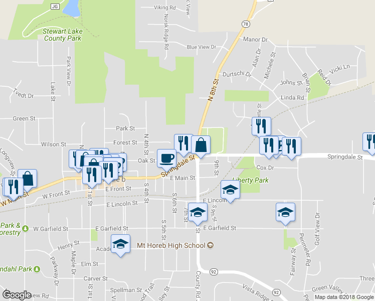 map of restaurants, bars, coffee shops, grocery stores, and more near 522 Springdale Street in Mount Horeb