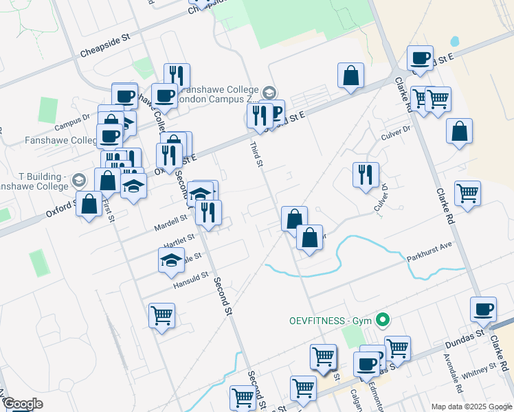 map of restaurants, bars, coffee shops, grocery stores, and more near 595 Third Street in London