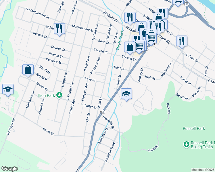 map of restaurants, bars, coffee shops, grocery stores, and more near 85 John Street in Ilion