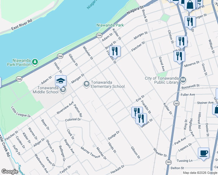 map of restaurants, bars, coffee shops, grocery stores, and more near 142 Wheeler Street in Tonawanda