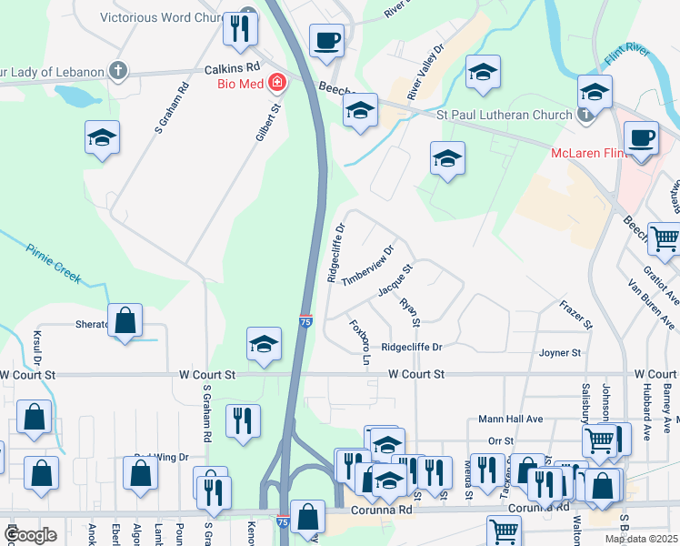 map of restaurants, bars, coffee shops, grocery stores, and more near 3478 Ridgecliffe Drive in Flint
