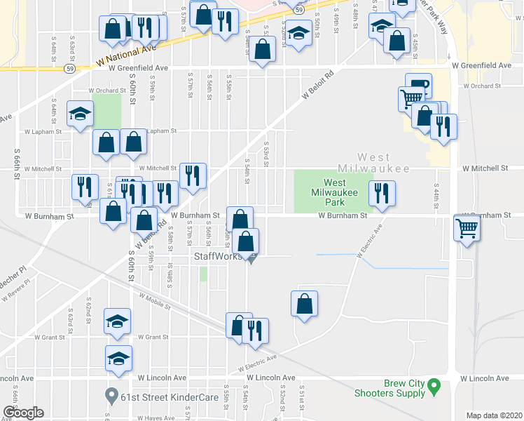 map of restaurants, bars, coffee shops, grocery stores, and more near 1807 South 53rd Street in West Milwaukee