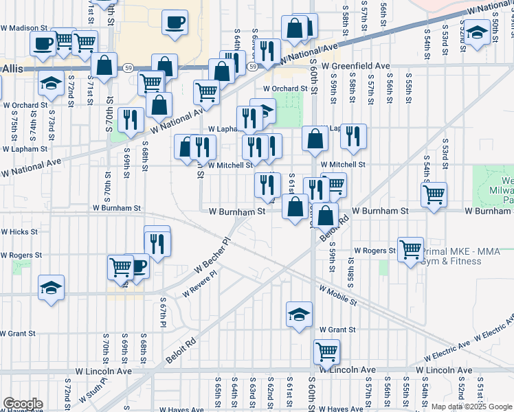 map of restaurants, bars, coffee shops, grocery stores, and more near 1757 South 63rd Street in West Allis