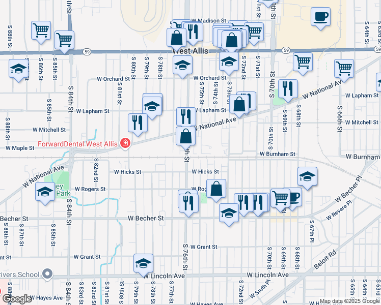 map of restaurants, bars, coffee shops, grocery stores, and more near 1743 South 75th Street in West Allis