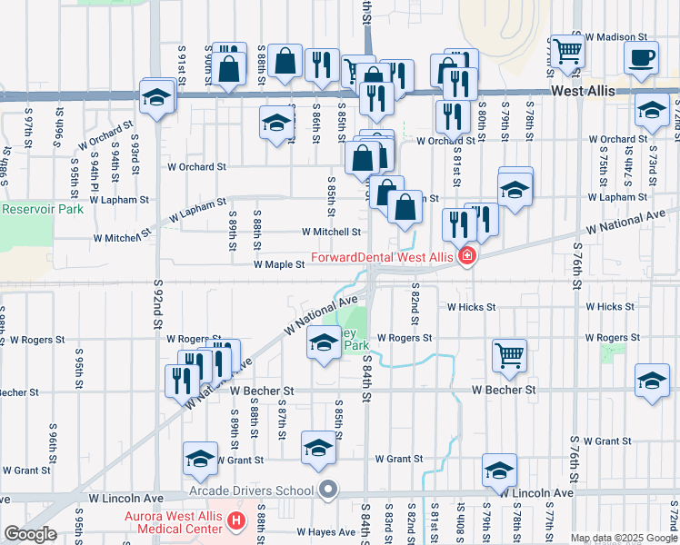 map of restaurants, bars, coffee shops, grocery stores, and more near 8442 West Maple Street in West Allis
