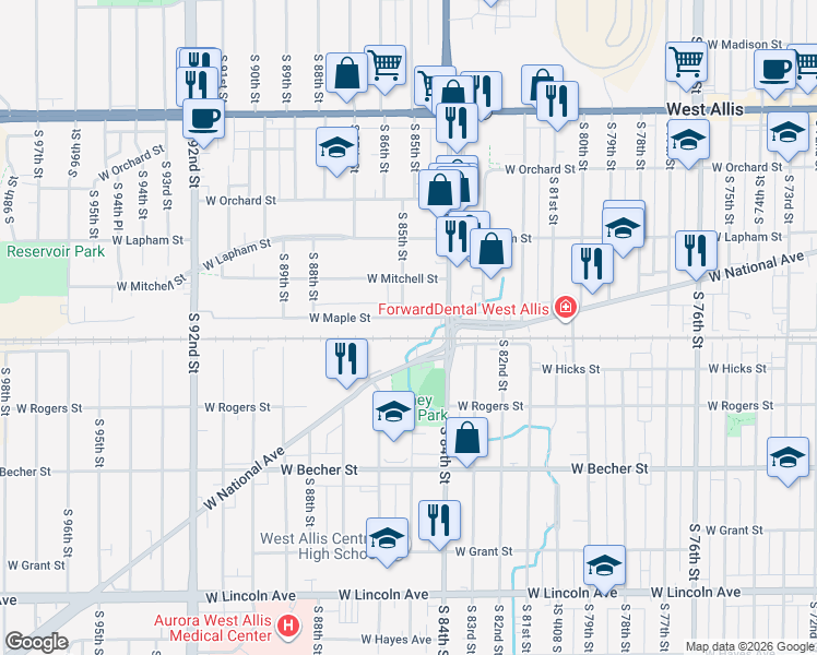 map of restaurants, bars, coffee shops, grocery stores, and more near 8442 West Maple Street in West Allis