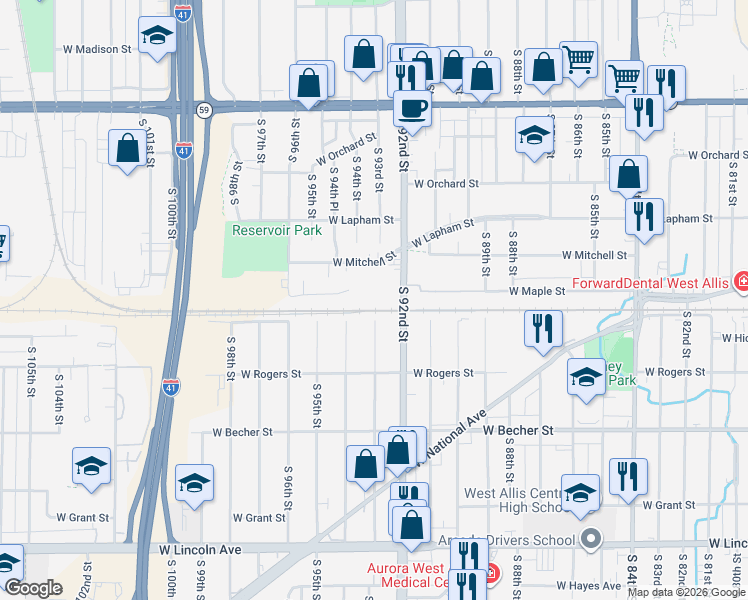 map of restaurants, bars, coffee shops, grocery stores, and more near 9406 West Maple Court in West Allis