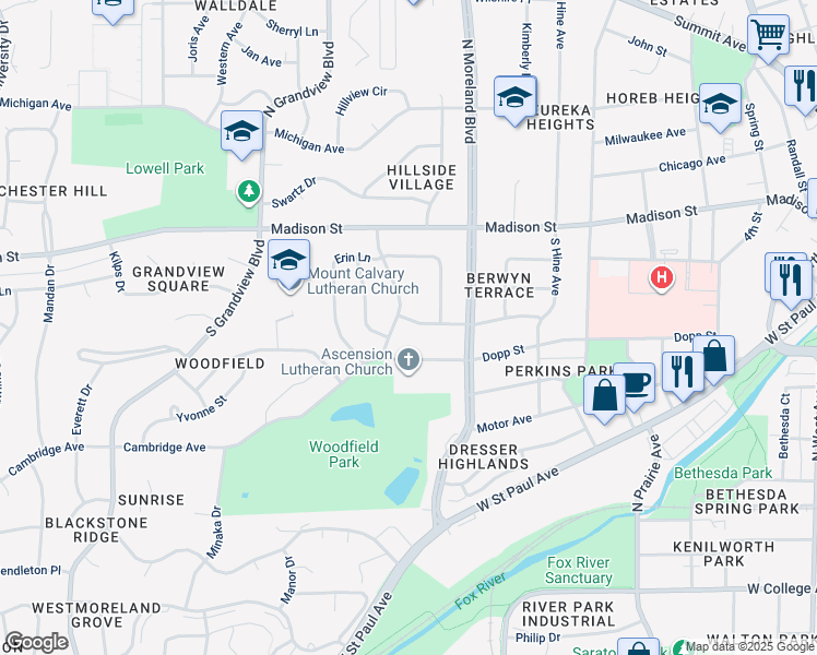 map of restaurants, bars, coffee shops, grocery stores, and more near 1416 American Avenue in Waukesha