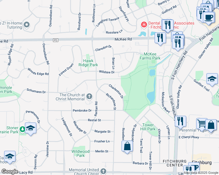 map of restaurants, bars, coffee shops, grocery stores, and more near 2868 Charleston Drive in Fitchburg