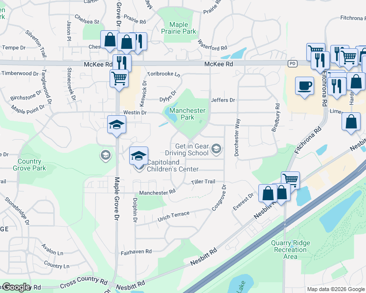 map of restaurants, bars, coffee shops, grocery stores, and more near 6309 Westin Drive in Madison