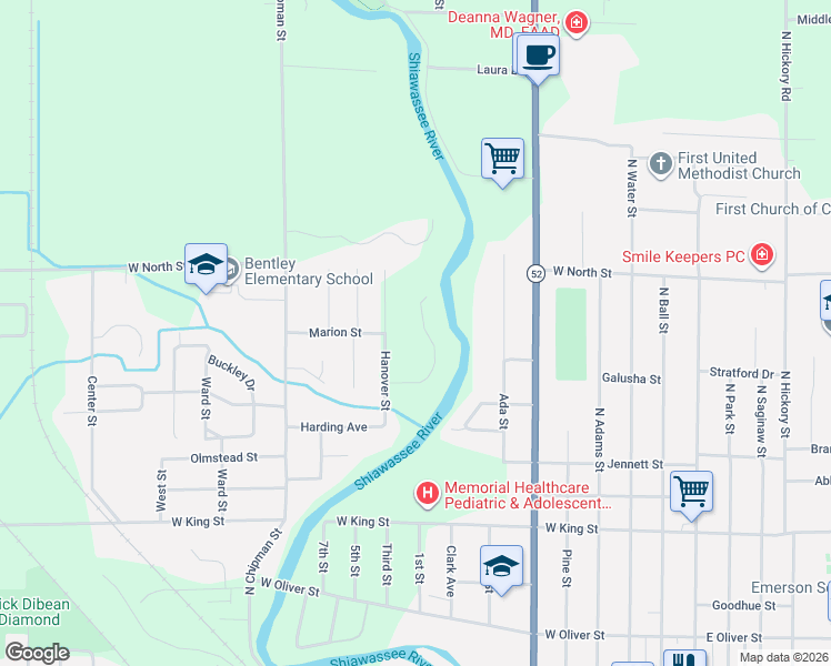 map of restaurants, bars, coffee shops, grocery stores, and more near 1209 Riverside Drive in Owosso