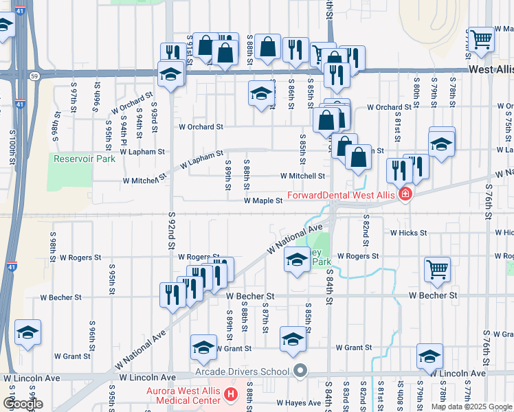 map of restaurants, bars, coffee shops, grocery stores, and more near 8716 West Maple Street in West Allis