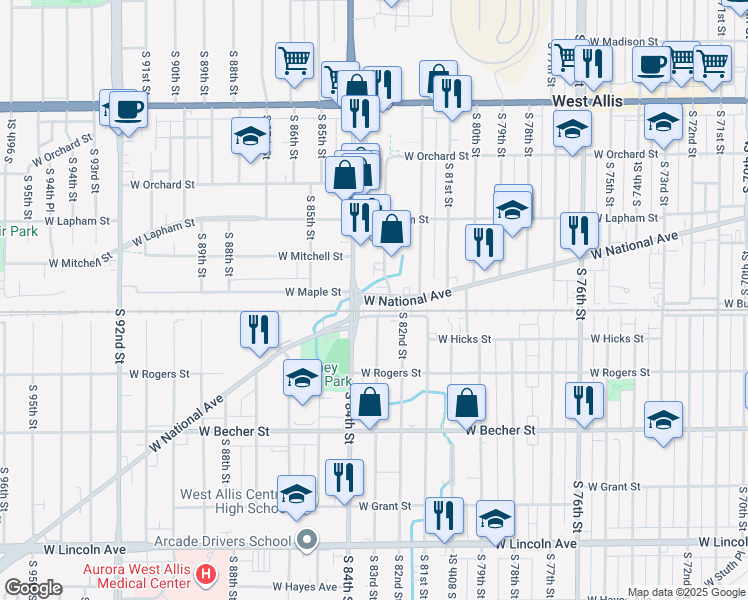 map of restaurants, bars, coffee shops, grocery stores, and more near 8338 West National Avenue in West Allis