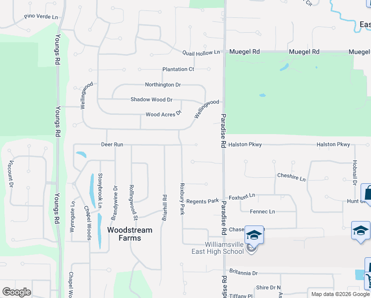 map of restaurants, bars, coffee shops, grocery stores, and more near 14 Deer Run Court in East Amherst
