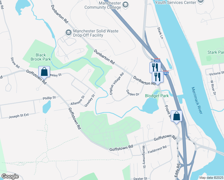 map of restaurants, bars, coffee shops, grocery stores, and more near 80 English Village Road in Manchester