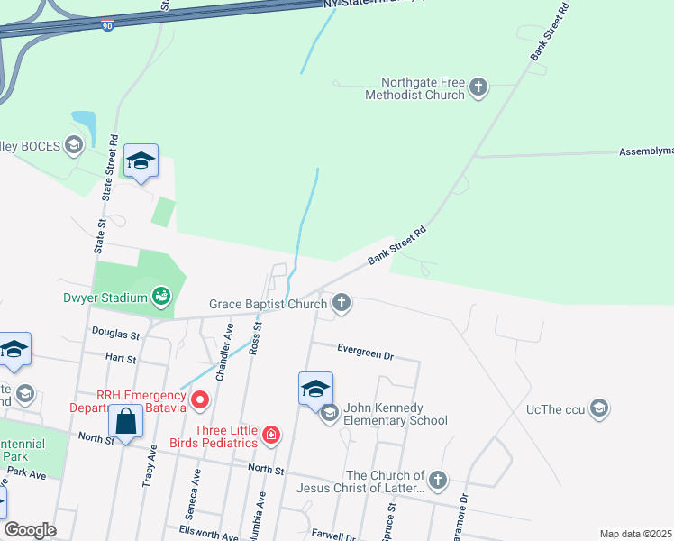 map of restaurants, bars, coffee shops, grocery stores, and more near 8320 Bank Street Road in Batavia