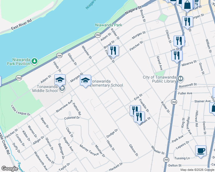 map of restaurants, bars, coffee shops, grocery stores, and more near 142 Wheeler Street in Tonawanda