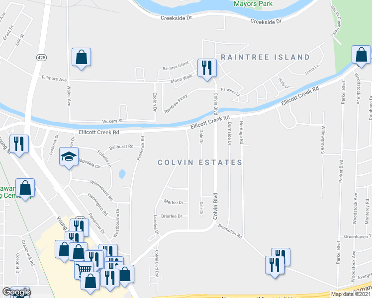 map of restaurants, bars, coffee shops, grocery stores, and more near 194 Greenfield Drive in Tonawanda