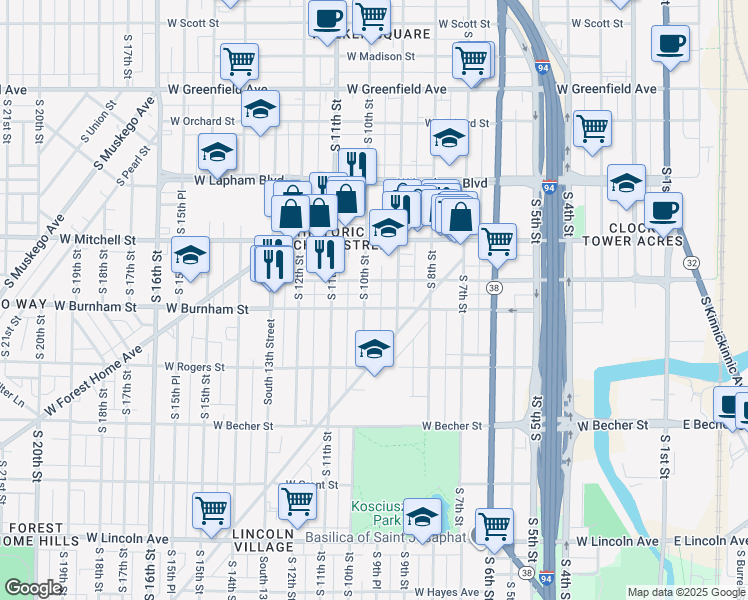 map of restaurants, bars, coffee shops, grocery stores, and more near 937 West Maple Street in Milwaukee