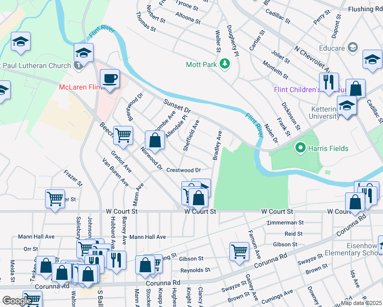 map of restaurants, bars, coffee shops, grocery stores, and more near 3213 Pencombe Place in Flint