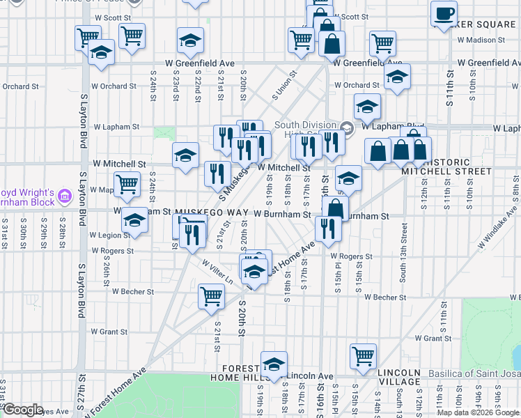 map of restaurants, bars, coffee shops, grocery stores, and more near 1770 South Pearl Street in Milwaukee