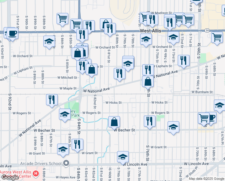 map of restaurants, bars, coffee shops, grocery stores, and more near 7928 West National Avenue in West Allis