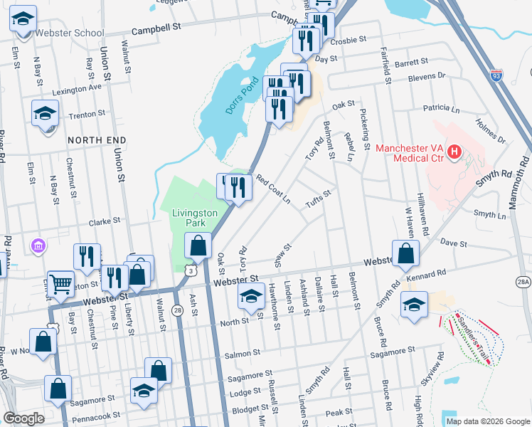 map of restaurants, bars, coffee shops, grocery stores, and more near 423 Oak Street in Manchester