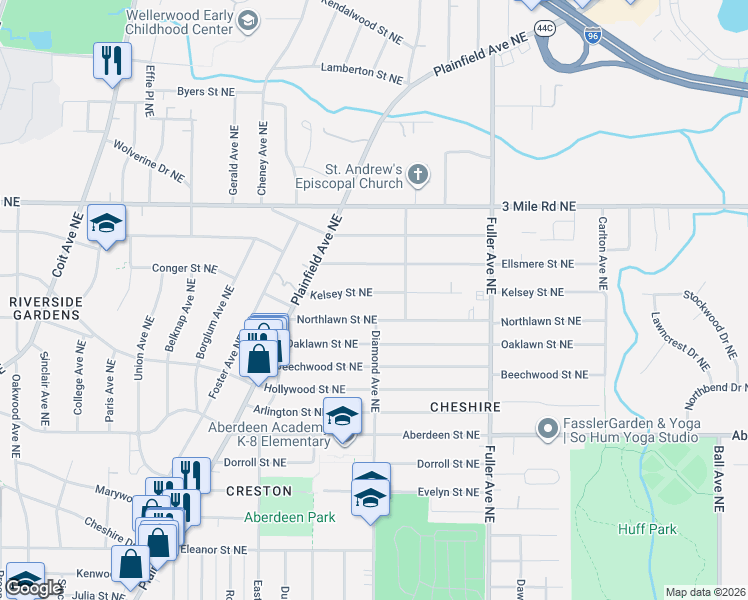 map of restaurants, bars, coffee shops, grocery stores, and more near 943 Kelsey Street Northeast in Grand Rapids