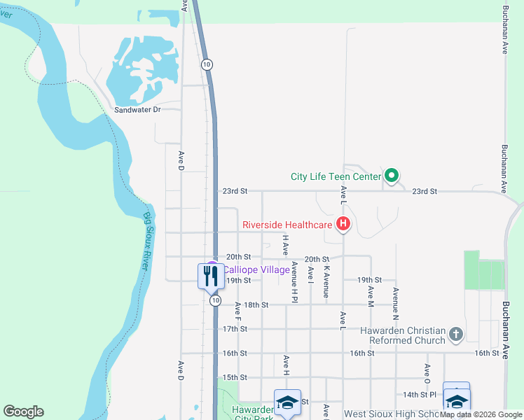 map of restaurants, bars, coffee shops, grocery stores, and more near 2205 Central Avenue in Hawarden