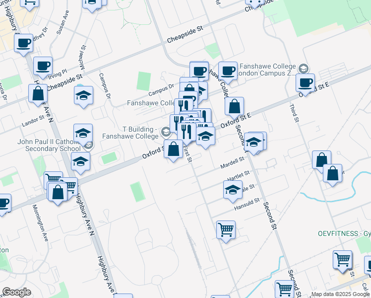 map of restaurants, bars, coffee shops, grocery stores, and more near 625 1st Street in London