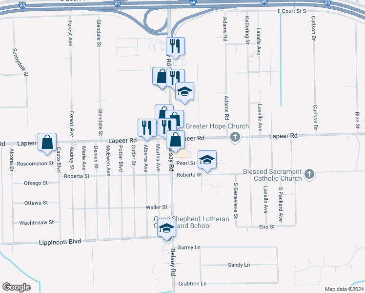 map of restaurants, bars, coffee shops, grocery stores, and more near 6026 Lapeer Road in Burton