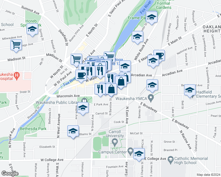 map of restaurants, bars, coffee shops, grocery stores, and more near 147 West Broadway in Waukesha