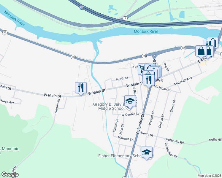 map of restaurants, bars, coffee shops, grocery stores, and more near 66 West Main Street in Mohawk