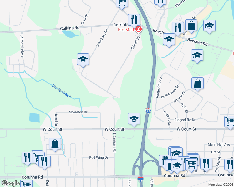 map of restaurants, bars, coffee shops, grocery stores, and more near 1349 South Graham Road in Flint