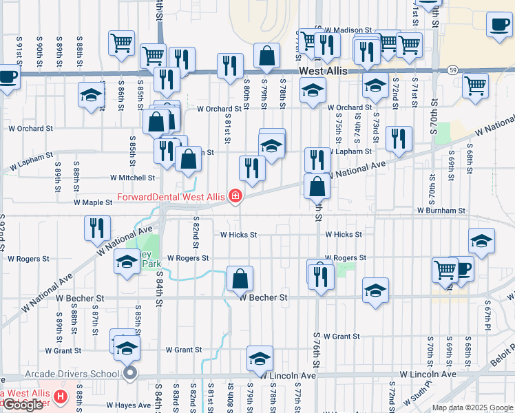 map of restaurants, bars, coffee shops, grocery stores, and more near 7951 West National Avenue in West Allis