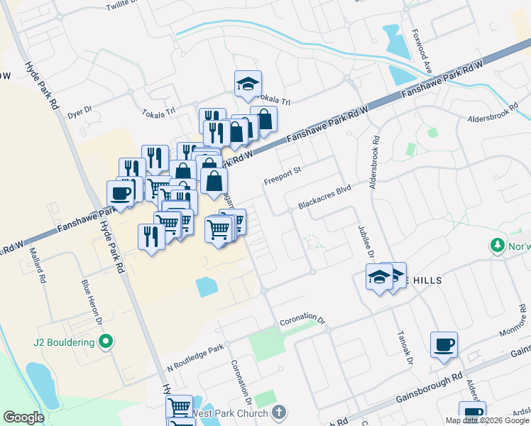 map of restaurants, bars, coffee shops, grocery stores, and more near 611 Freeport Street in London