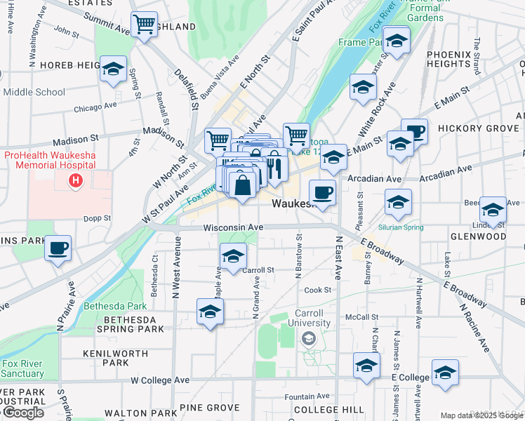 map of restaurants, bars, coffee shops, grocery stores, and more near in Waukesha
