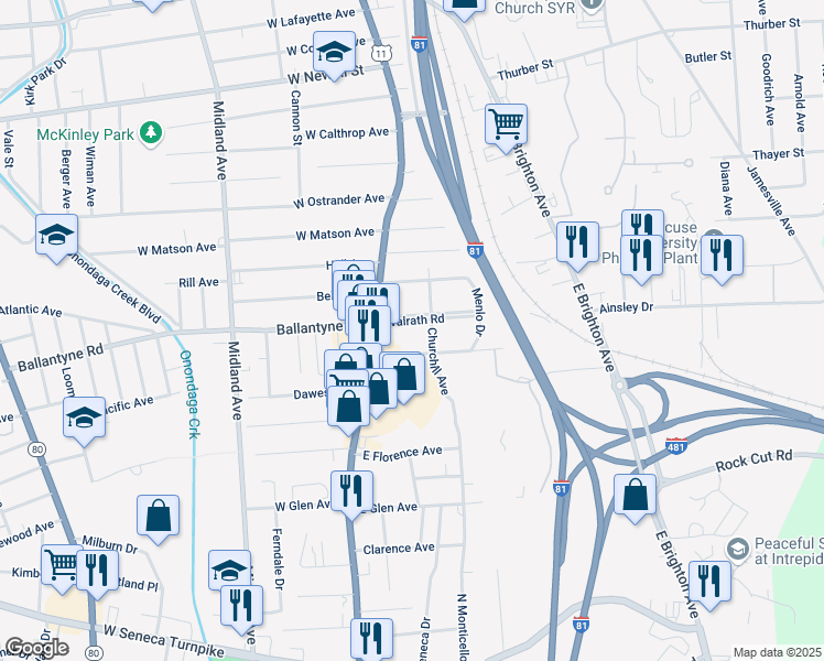 map of restaurants, bars, coffee shops, grocery stores, and more near 147 Walrath Road in Syracuse