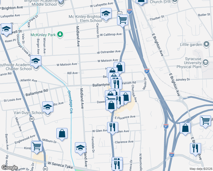 map of restaurants, bars, coffee shops, grocery stores, and more near 129 Belle Avenue in Syracuse