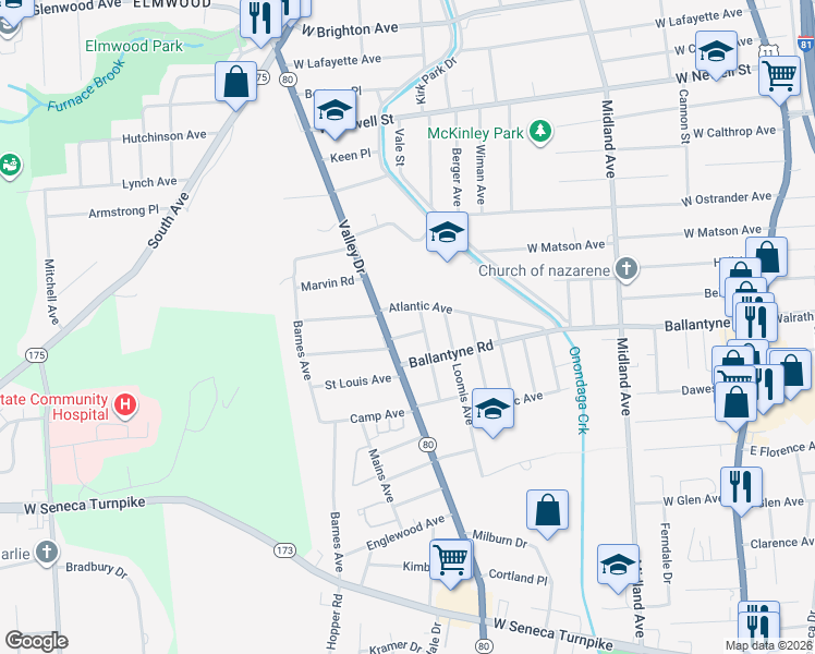 map of restaurants, bars, coffee shops, grocery stores, and more near 621 Atlantic Avenue in Syracuse