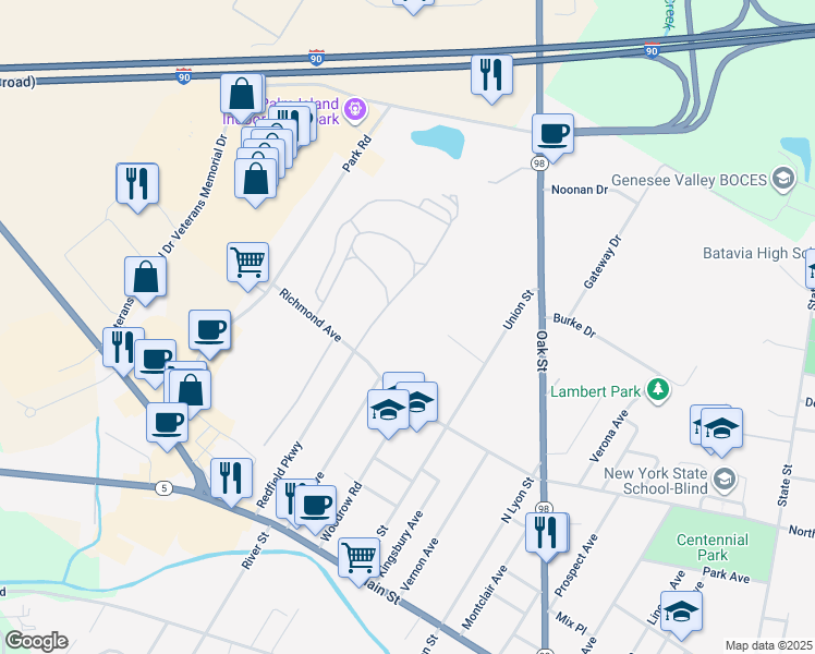 map of restaurants, bars, coffee shops, grocery stores, and more near 220 Richmond Avenue in Batavia