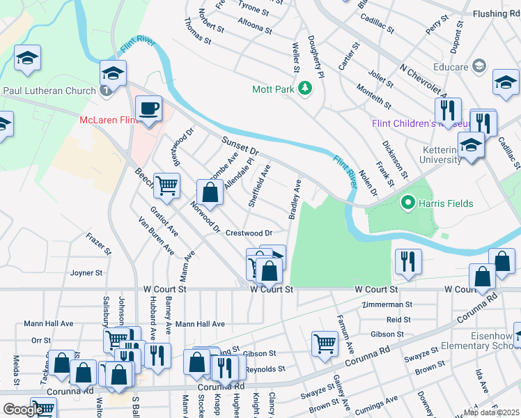 map of restaurants, bars, coffee shops, grocery stores, and more near 3213 Pencombe Place in Flint