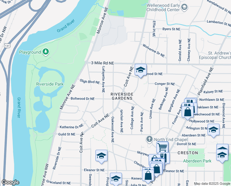 map of restaurants, bars, coffee shops, grocery stores, and more near 2639 Oakwood Avenue Northeast in Grand Rapids