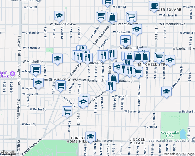 map of restaurants, bars, coffee shops, grocery stores, and more near 1809 South 17th Street in Milwaukee