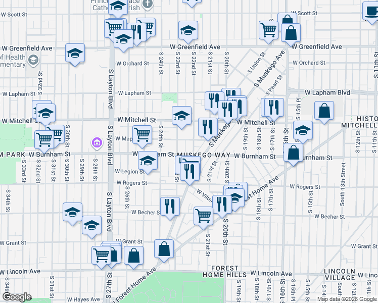 map of restaurants, bars, coffee shops, grocery stores, and more near 1806 South 23rd Street in Milwaukee